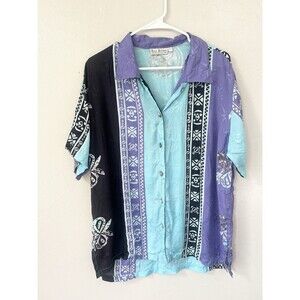 Vintage Hand Painted Boxy Button Shirt Womens Large Batik Print Rayon Bali 90s